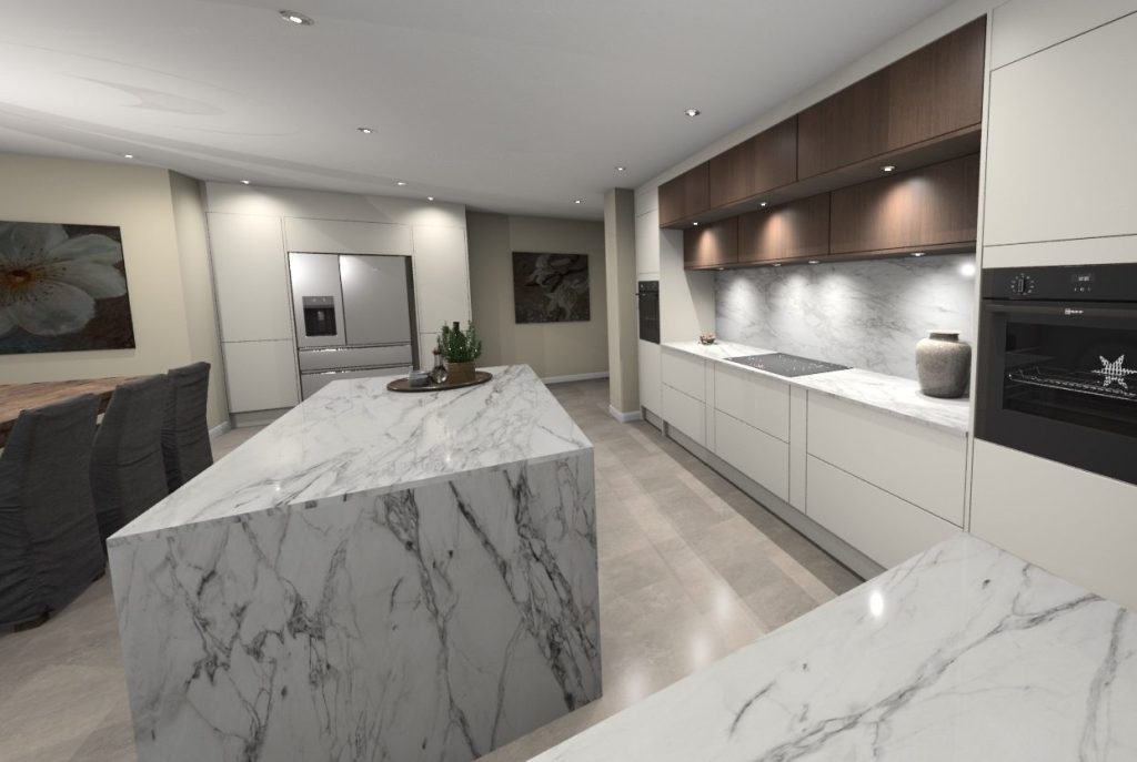 3D visualisation of ultra modern slab door kitchen in combination of gloss white and dark oak veneer. Island in the middle with Bergen Dekton waterfall worktop. Dining table in the background on the left.