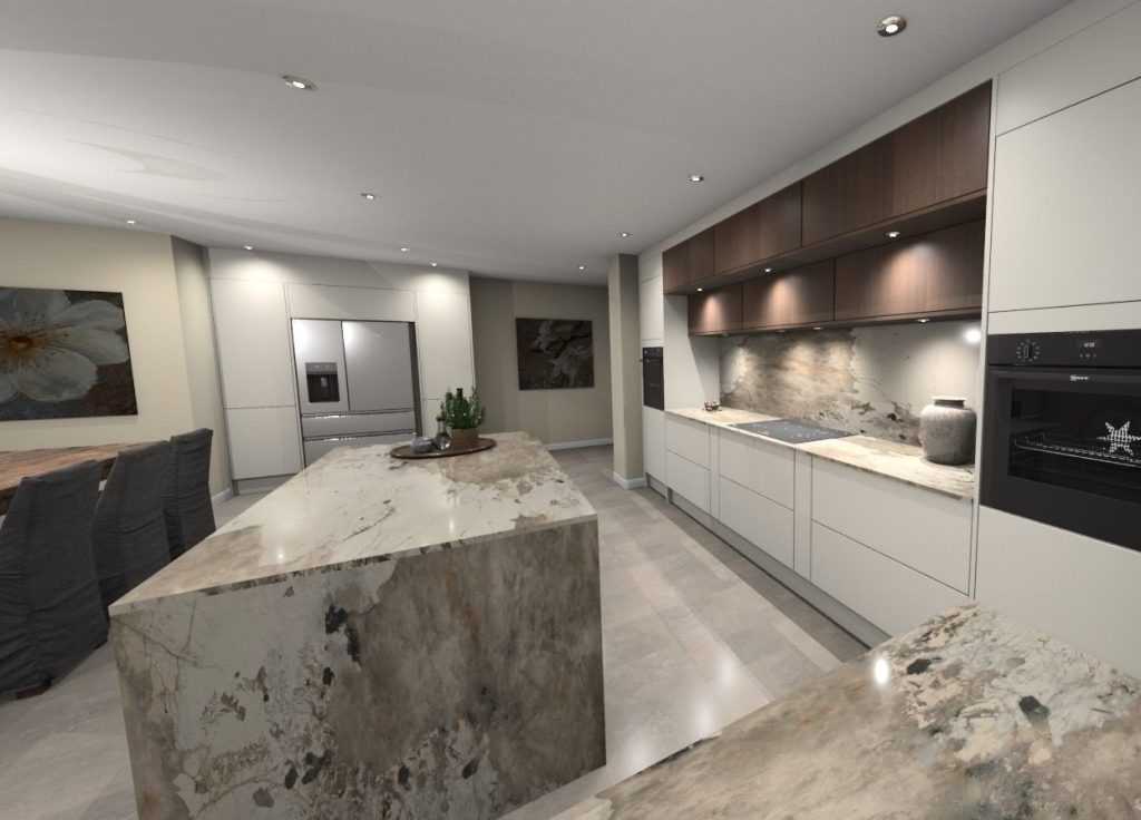 3D visualisation of ultra modern slab door kitchen in combination of gloss white and dark oak veneer. Island in the middle with Khalo Dekton waterfall worktop. Dining table in the background on the left.