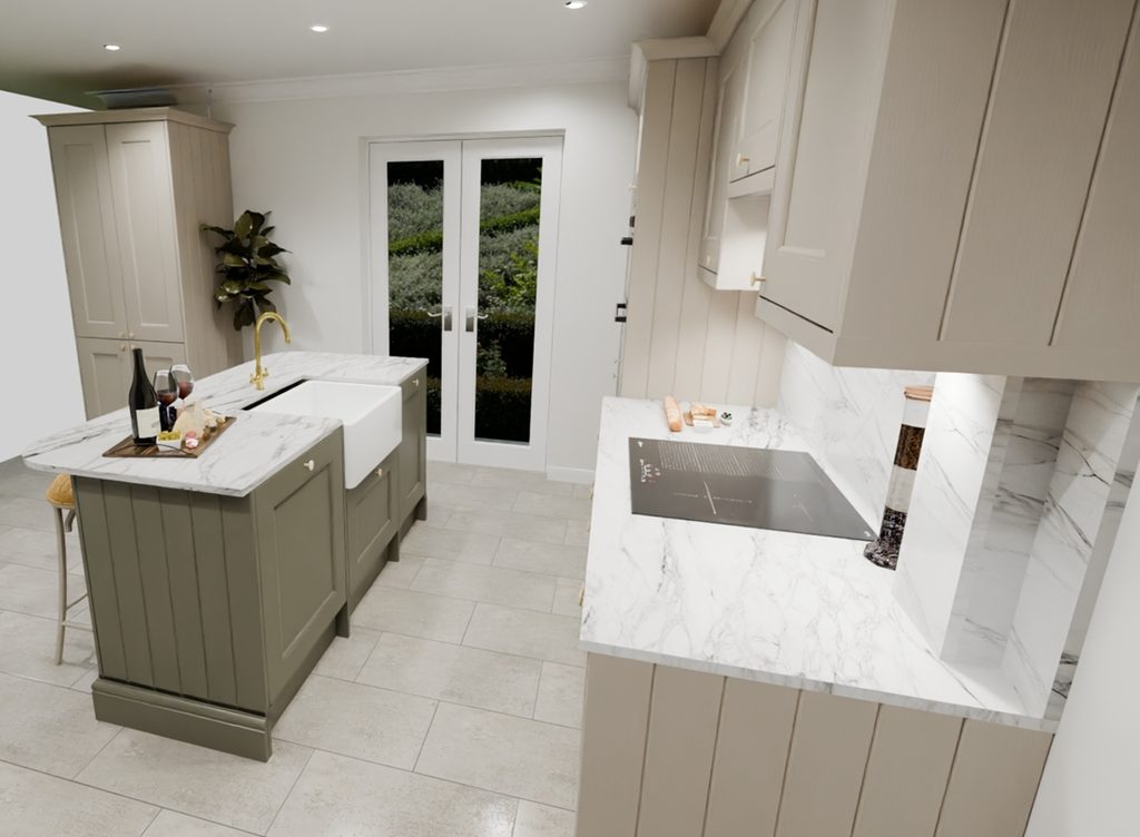 3D visualisation of a shaker kitchen in limestone with a contrasting olive green island in the middle and white worktops. The island has centrally placed Belfast sink.