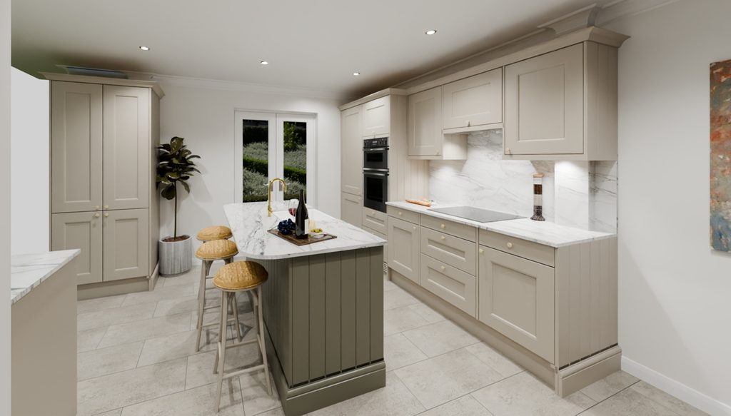 3D visualisation of a shaker kitchen in limestone with a contrasting olive green island in the middle and white worktops. There are three barstools tucked underneath of the overhang of the island worktop.