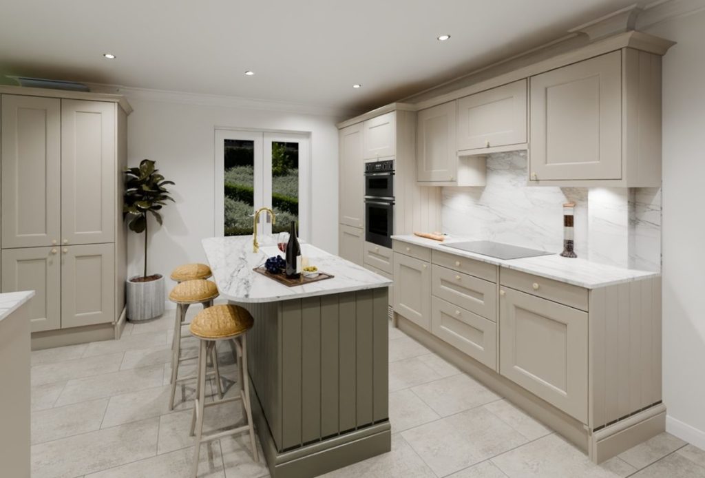 3D visualisation of a shaker kitchen in limestone with a contrasting olive green island in the middle and white worktops. There are three barstools tucked underneath of the overhang of the island worktop.
