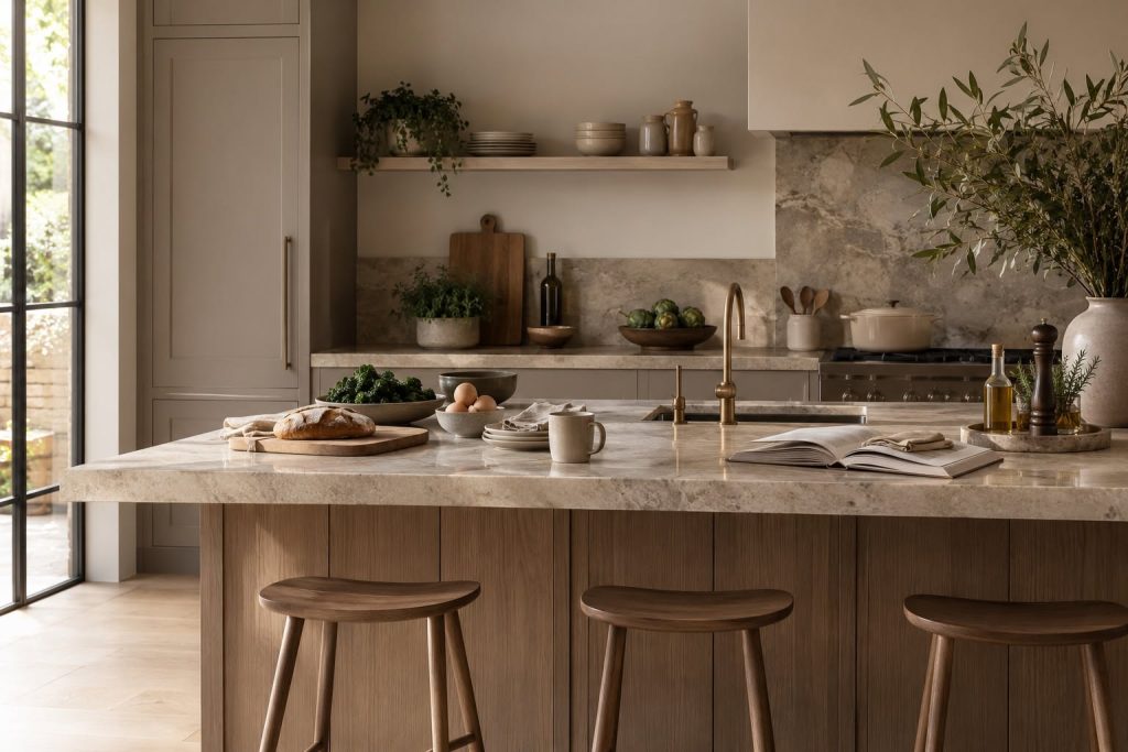 calm kitchen in wood veneer with cooker and shelves in background